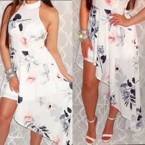 Australian Blossom Boutique White Pink Gray Floral Asymmetrical Hi-Low Dress XS